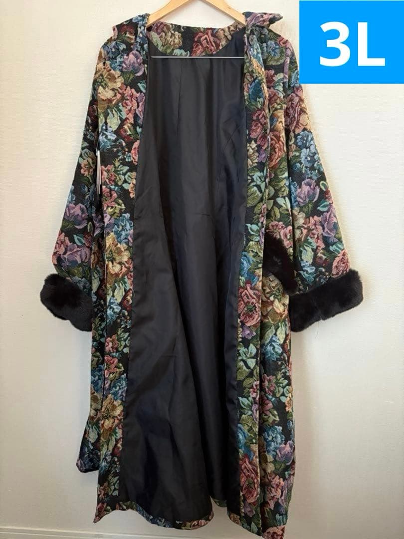 【超希少・3L】新品 くる実 しまむら ロングコート ゴブラン 花柄 BLACK