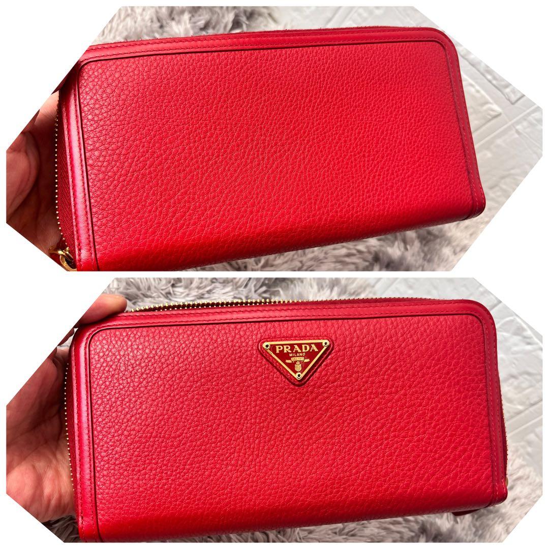 極美品✨PRADA ラウンドファスナー　三角ロゴ　シボレザー　レッド　レディース