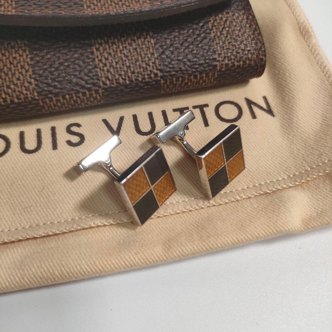 LOUIS VUITTON ダミエ カフリンクス シルバー×ブラウン ケース付き
