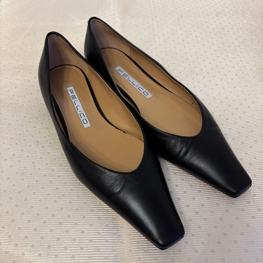 美品☆ペリーコ ダマ フラットパンプス 38 黒 レザー スクエアトゥ 革靴