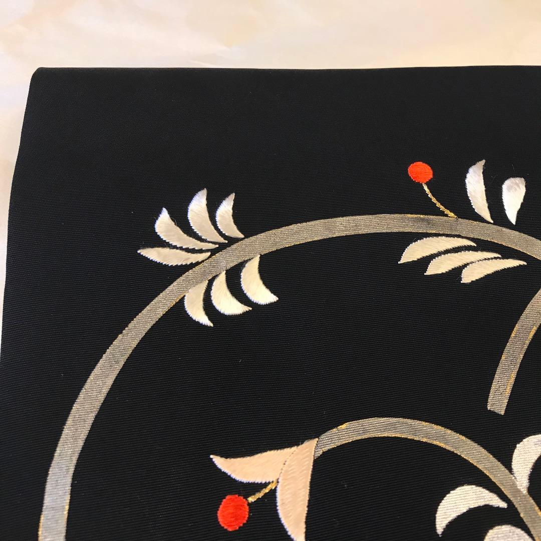 銀座越後屋　塩瀬　九寸名古屋帯 植物模様 刺繍　黒地