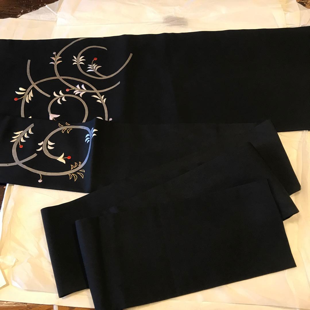 銀座越後屋　塩瀬　九寸名古屋帯 植物模様 刺繍　黒地