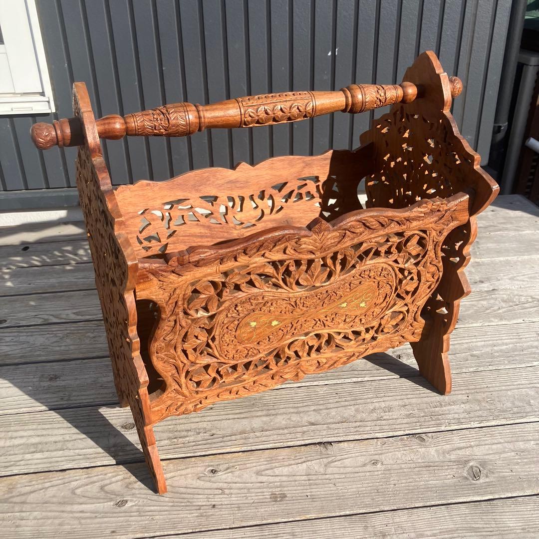 アンティーク 象嵌細工 彫刻 木製マガジンラック レトロ ビンテージヴィンテージ