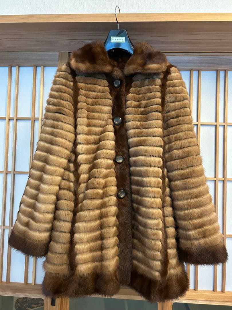 毛皮コート ファーコート リアル ミンク ロング ブラウン ベージュ　M