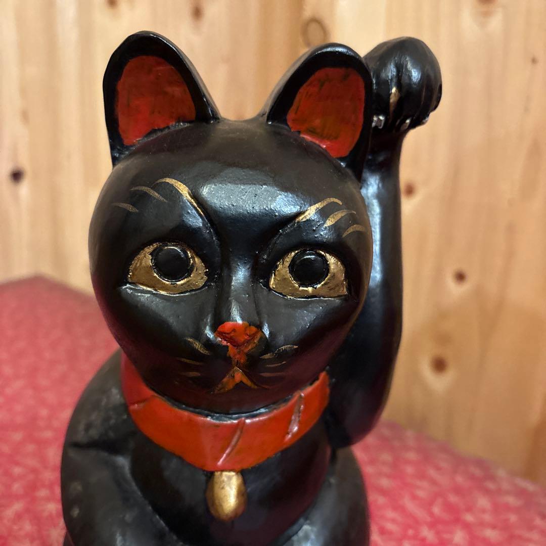 木製 招き猫 黒 レトロ