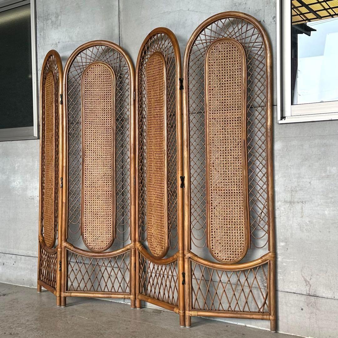 ꧁オールドラタン꧂4連パーティション　間仕切り　藤　アジアン　アンティーク