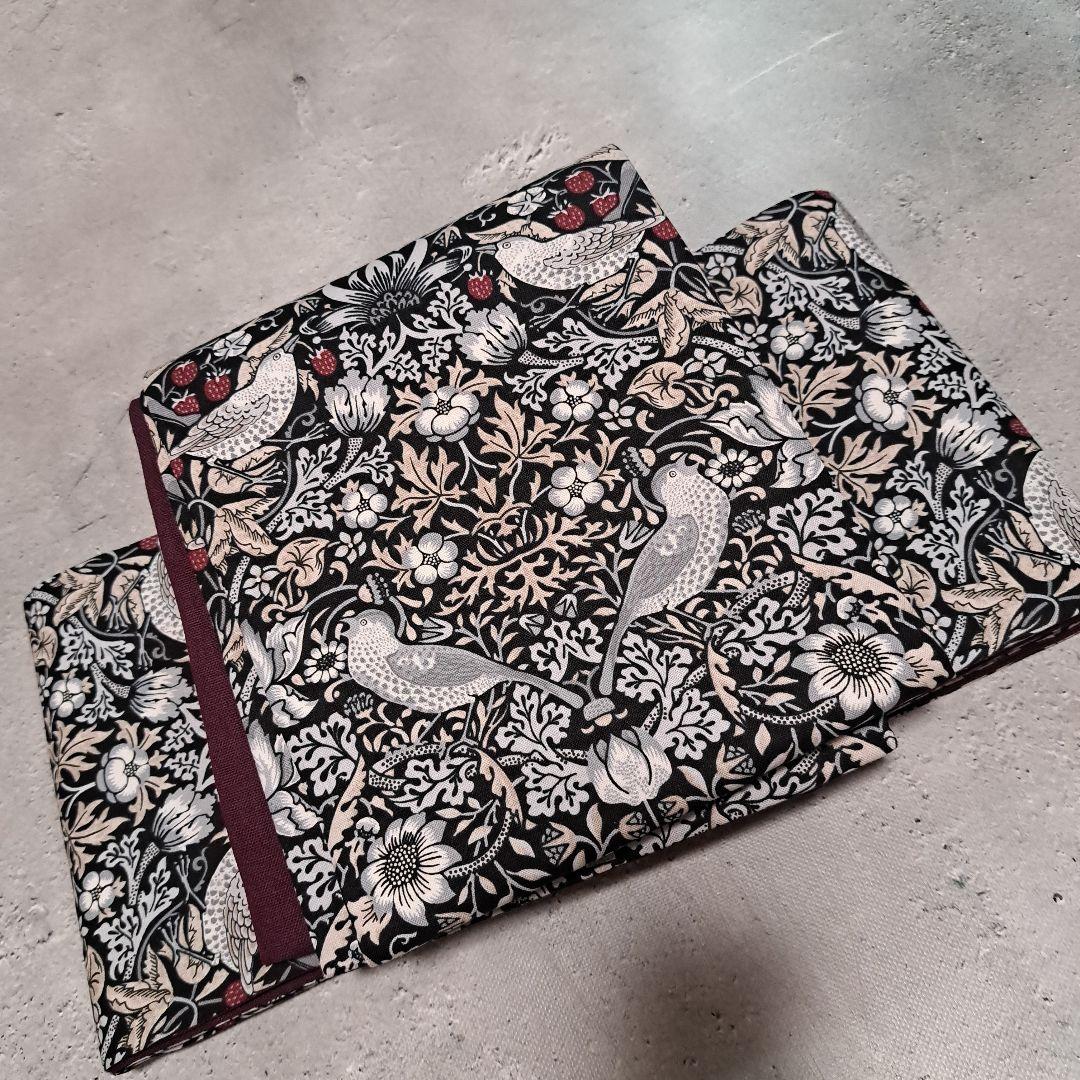 半幅帯　長尺ウィリアムモリス　いちご泥棒　モノトーン×国産コットンリネン　葡萄色