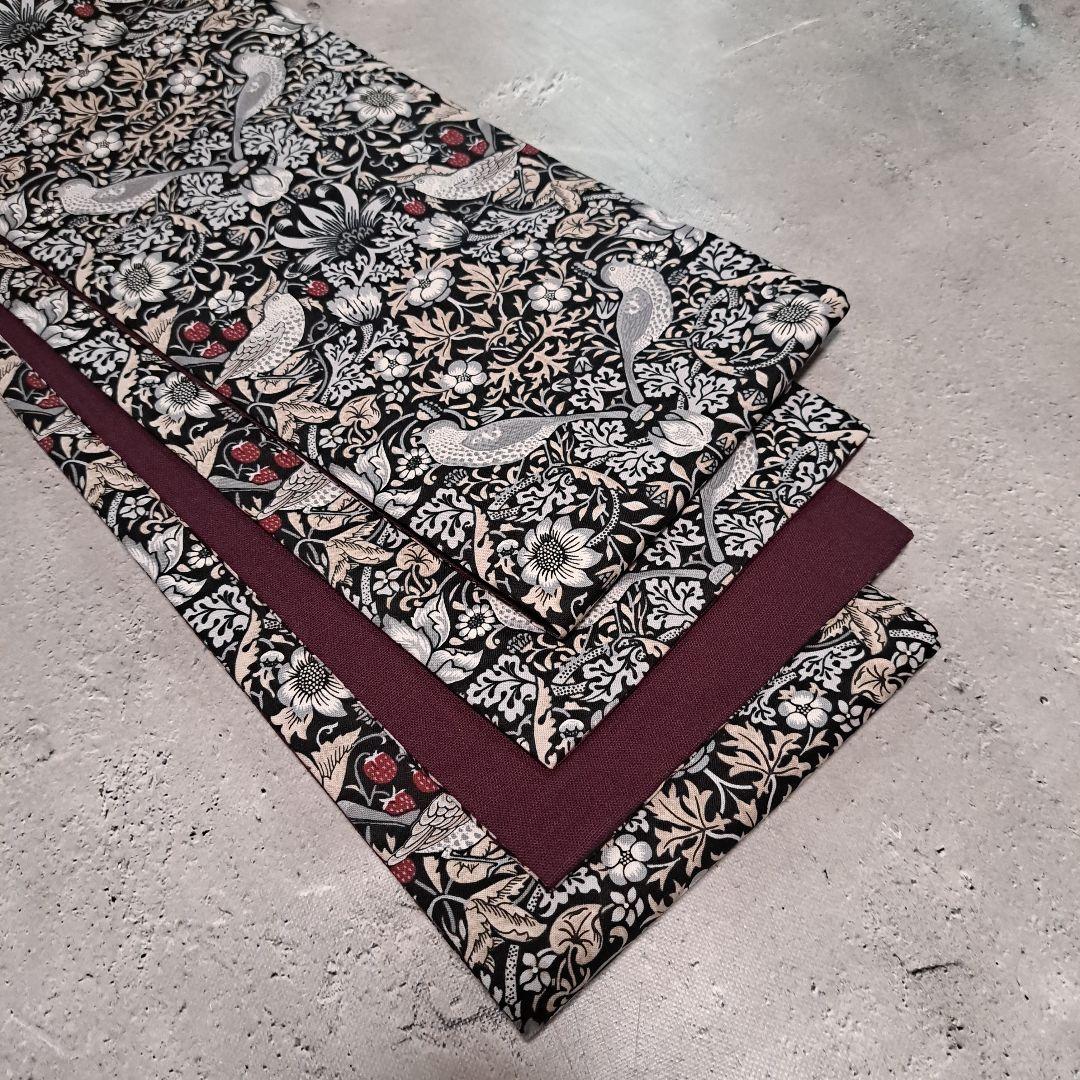 半幅帯　長尺ウィリアムモリス　いちご泥棒　モノトーン×国産コットンリネン　葡萄色