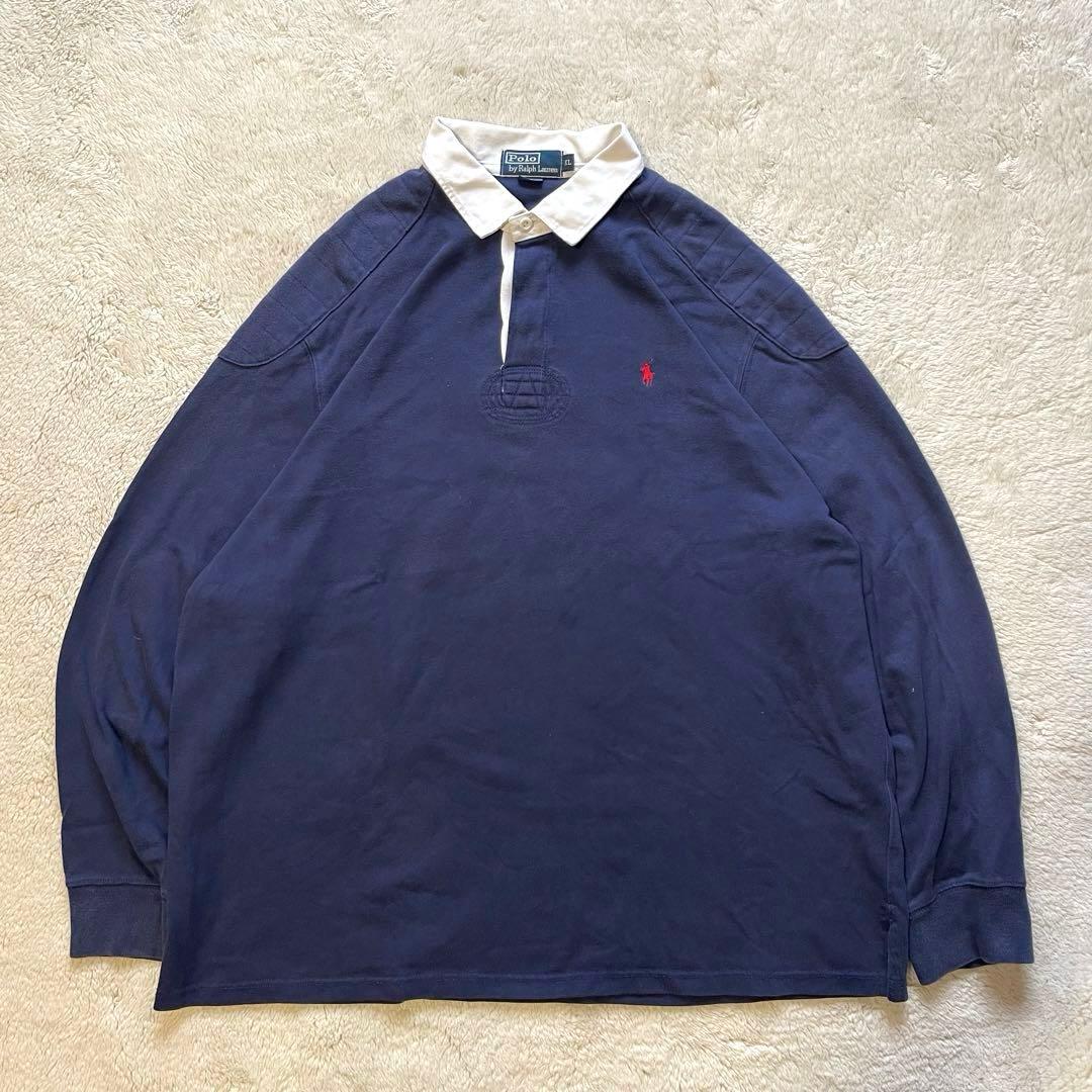 90s ポロ　ラルフローレン　エルボーパッチ　ラガーシャツ　 XL ネイビー