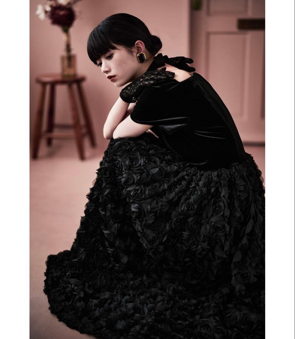 Etoll ベロアロゼットフレアドレス　ブラック