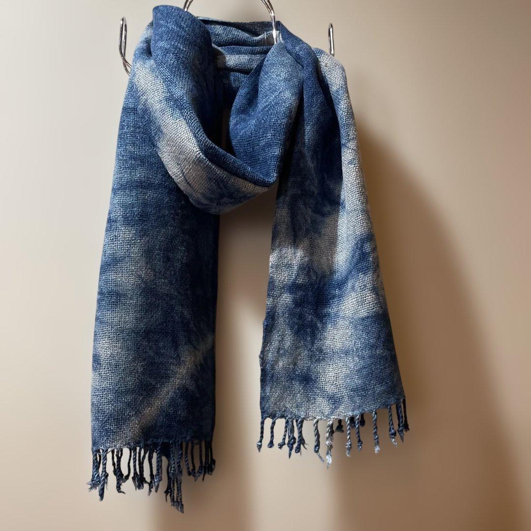 藍染　ヘンプストール　ヘンプ100% 手織り　かご染　くびまき　天然染料