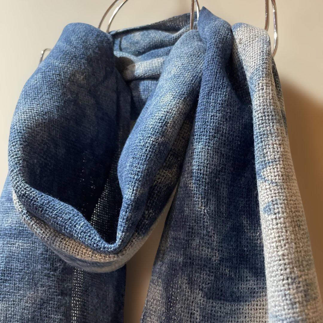 藍染　ヘンプストール　ヘンプ100% 手織り　かご染　くびまき　天然染料