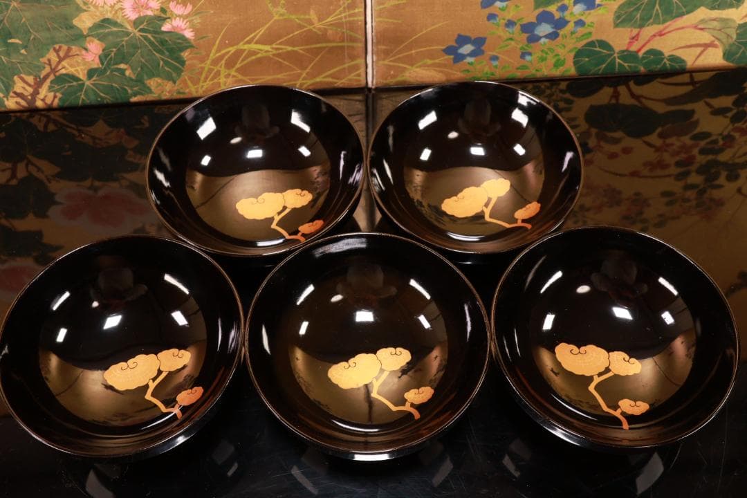 時代輪島塗　目出た図金蒔絵　吸物椀　五客　木製　霊芝　草花 BJ047