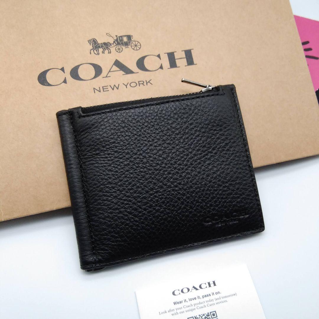 新作　COACH　マネークリップ　折り財布　メンズ　小銭入れ付き