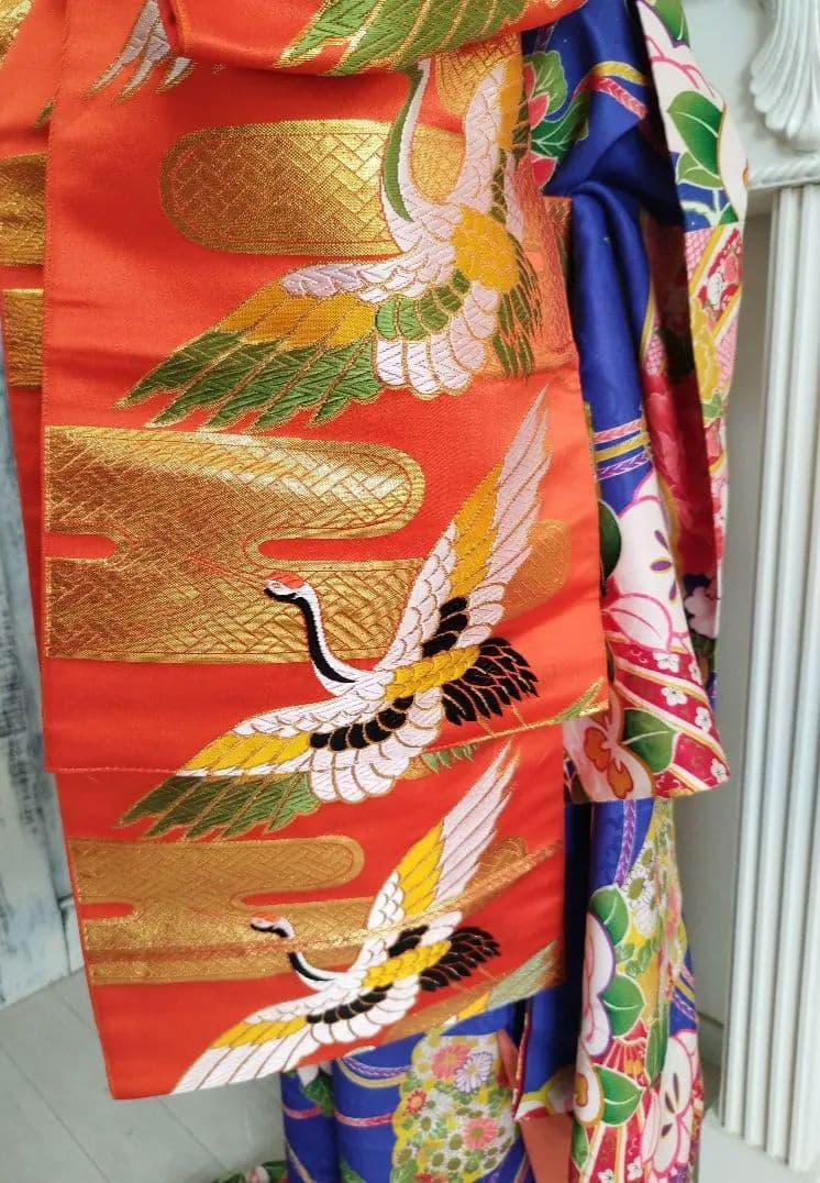 オレンジに飛翔鶴のだらりの帯☆作り帯