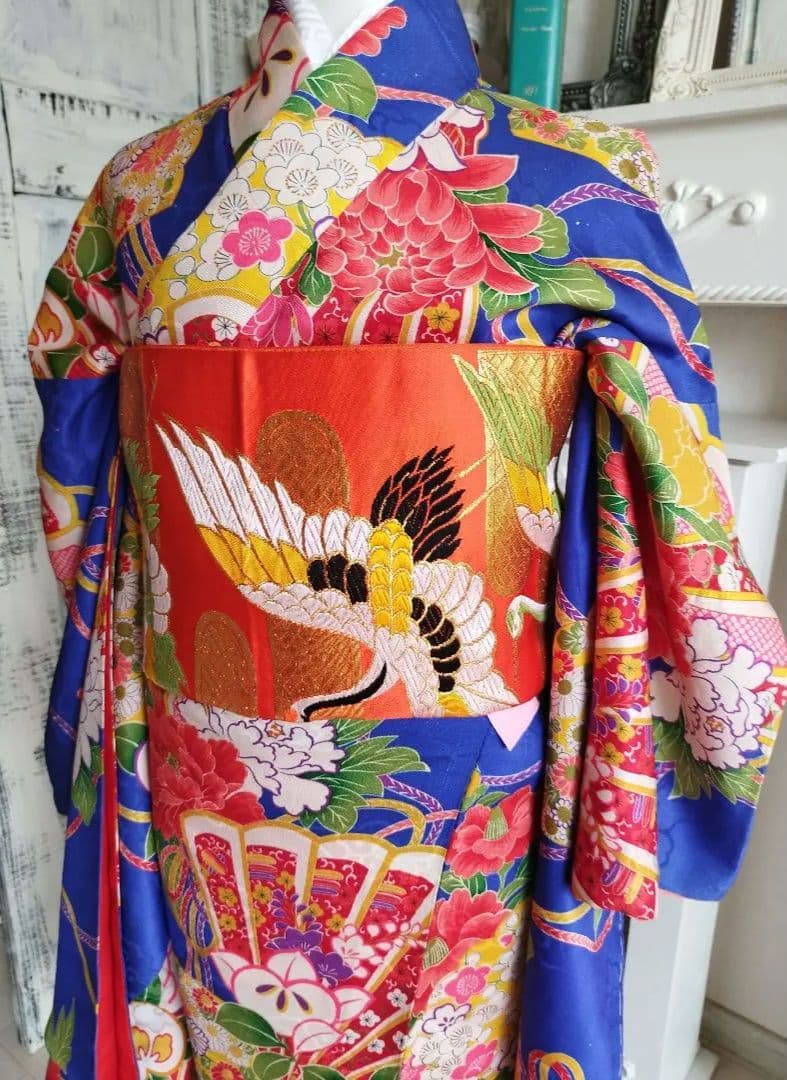 オレンジに飛翔鶴のだらりの帯☆作り帯