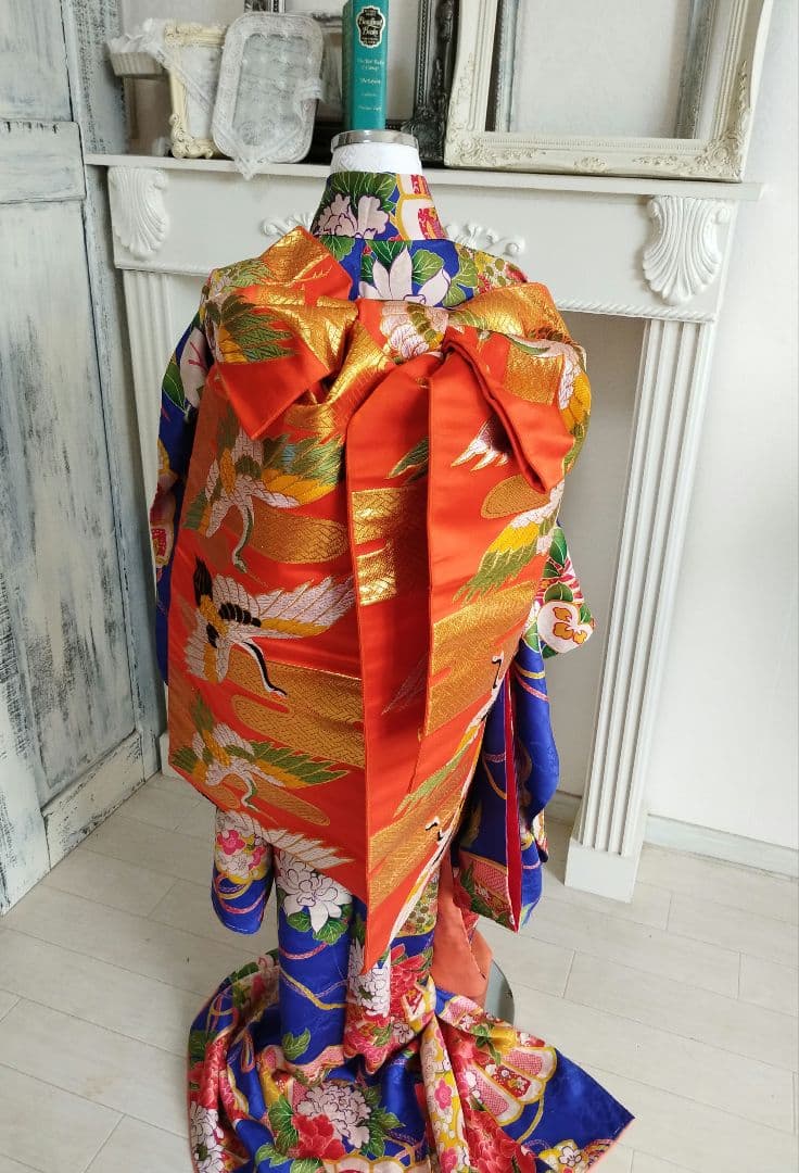 オレンジに飛翔鶴のだらりの帯☆作り帯