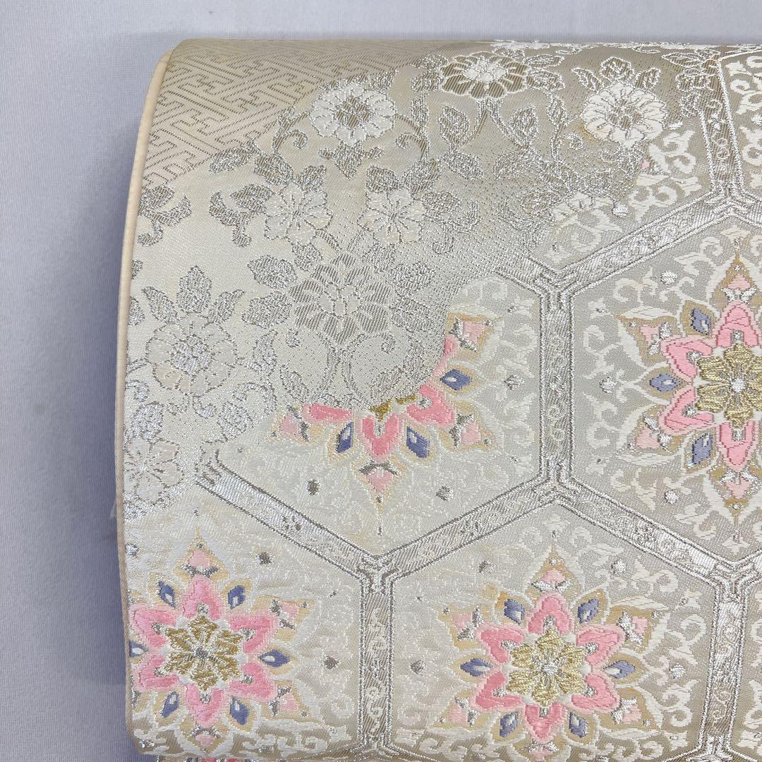 袋帯　正絹　銀糸　亀甲　華紋　唐花模様　檜垣　道長取り　着物　054t