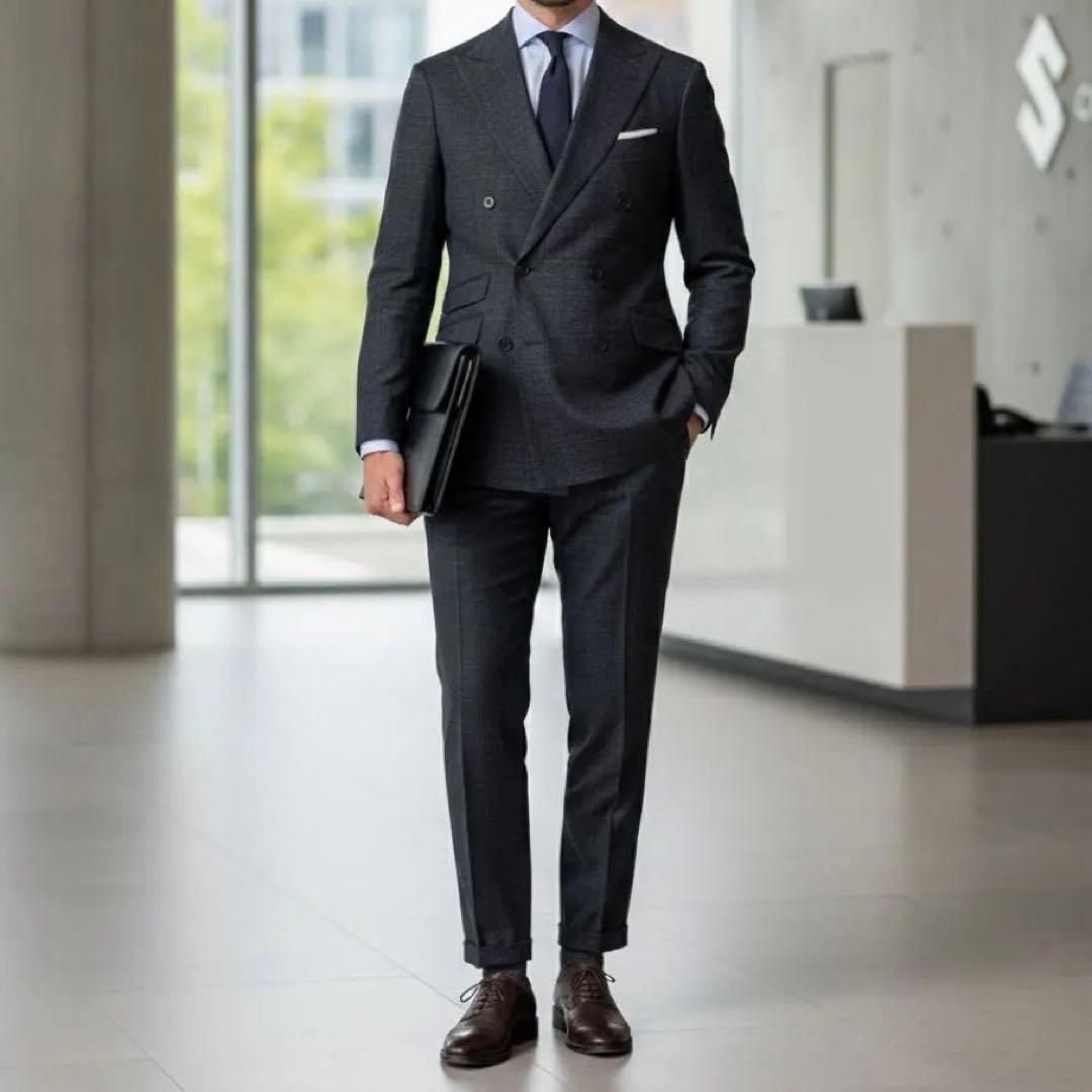 カノニコ ダブルジャケット セットアップ チェック グレー Super100