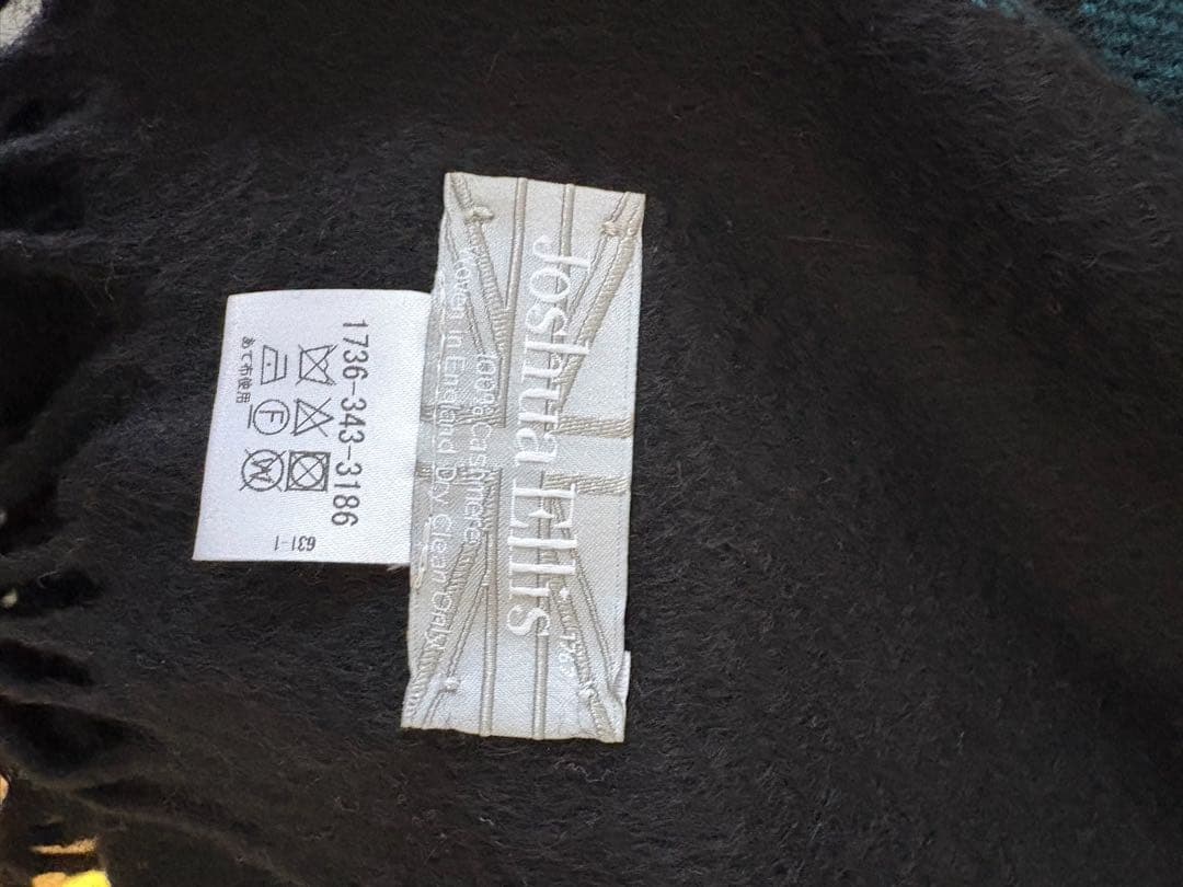 Joshua Ellisカシミヤストールブラック×ターコイズブルーマフラーp53