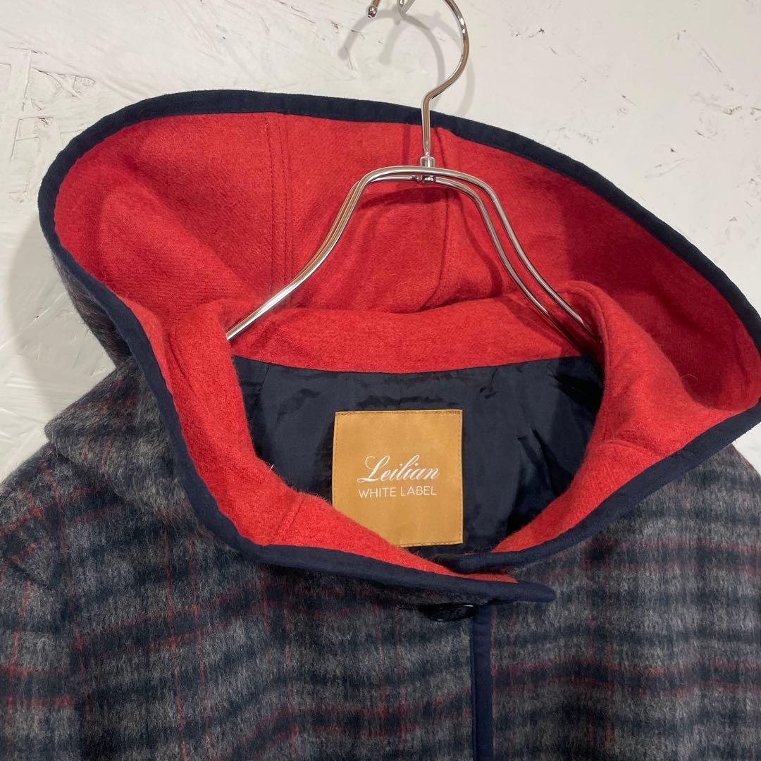 日本製　アンゴラ混【Leilian】チェック柄フード付きウールコート　9