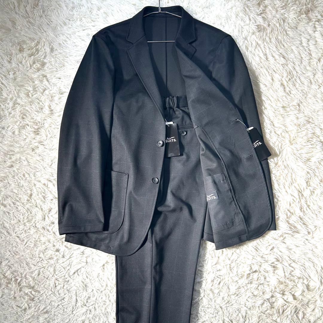 アオキ【未使用タグ付】パジャマスーツプリントジャージ黒ウィンドウペン　ゆったりL