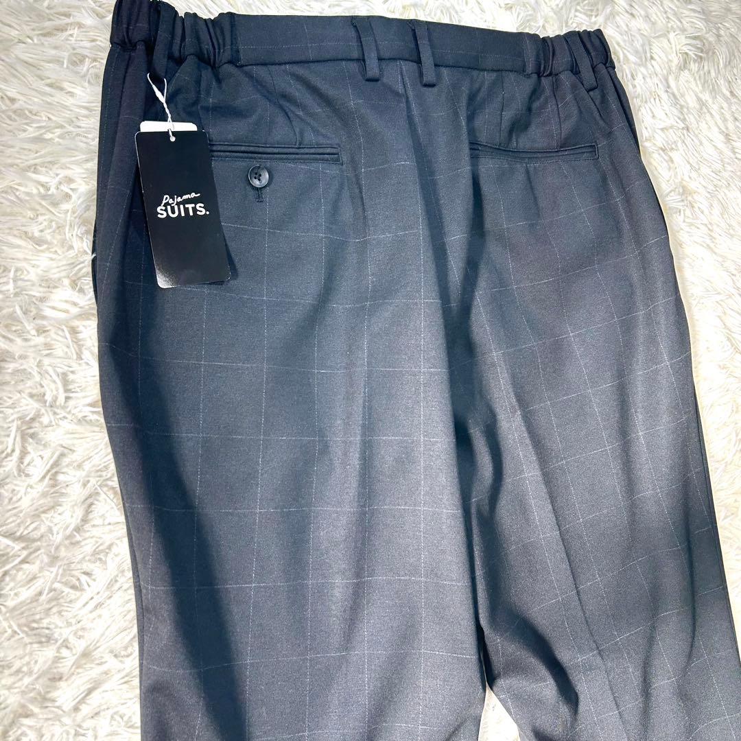 アオキ【未使用タグ付】パジャマスーツプリントジャージ黒ウィンドウペン　ゆったりL