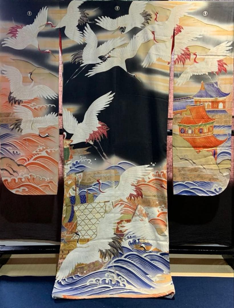 アンティーク振袖 鶴と宝船豪華高級リメイク材料