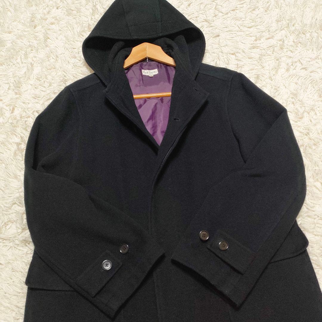 【カシミヤ】 ポールスミス　フーデッドコート　ロングコート　裏地紫　黒　メンズ