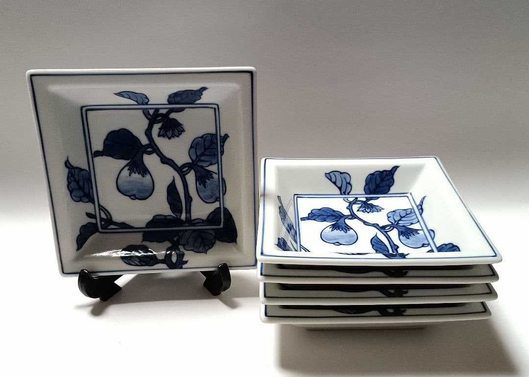 源右衛門窯 染付 茄子絵 四角 銘々皿 5枚組