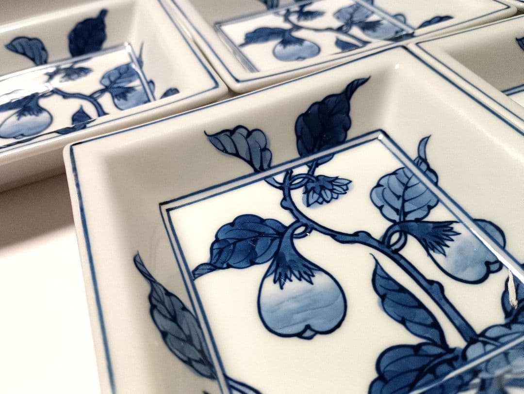 源右衛門窯 染付 茄子絵 四角 銘々皿 5枚組