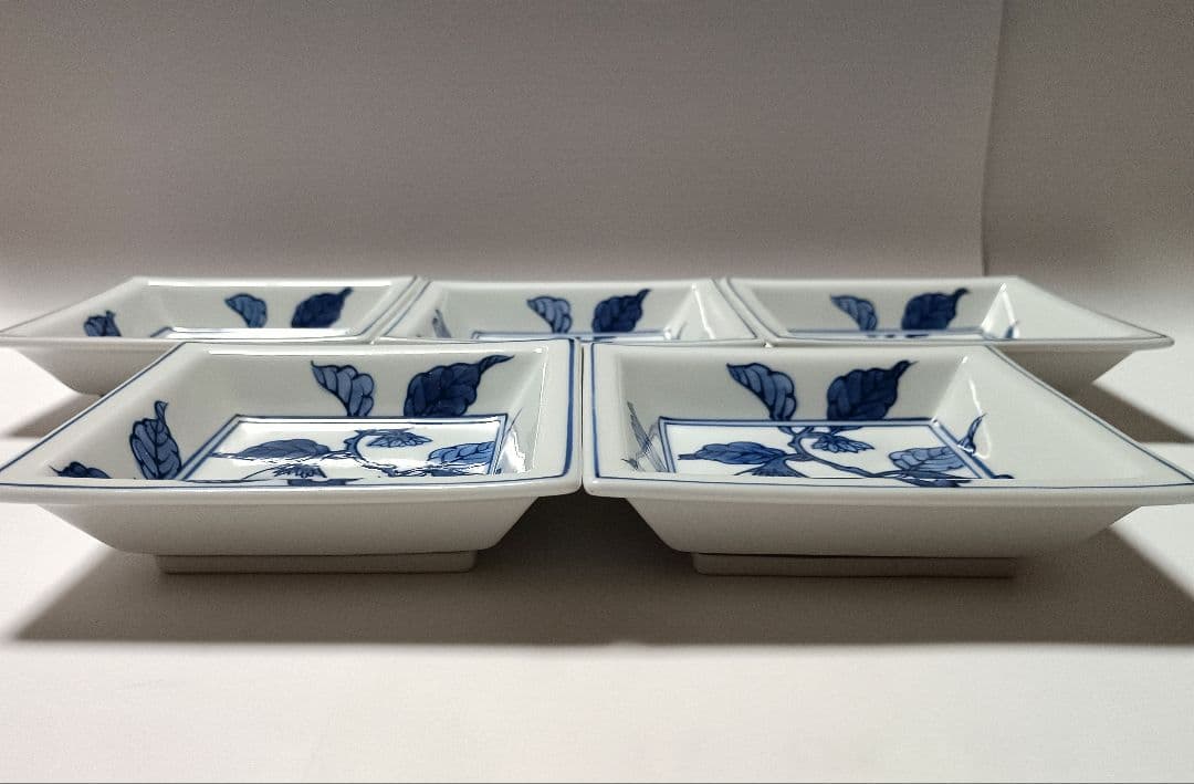 源右衛門窯 染付 茄子絵 四角 銘々皿 5枚組