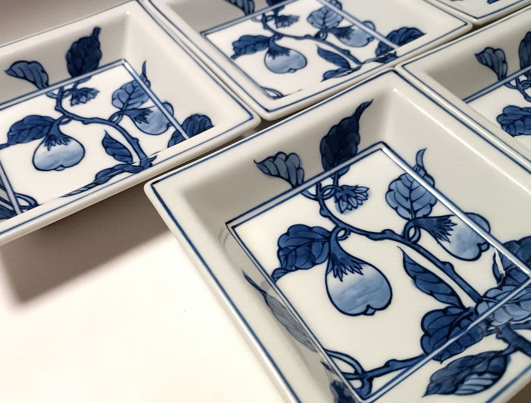 源右衛門窯 染付 茄子絵 四角 銘々皿 5枚組