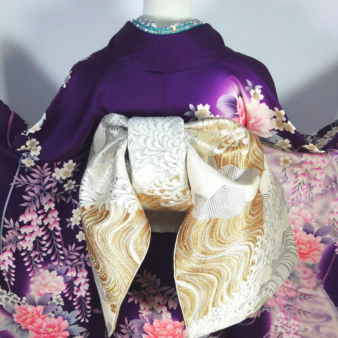 振袖　完全フルセット　24点　成人式　結婚式　前撮り　紫　金　緑　ラインストーン