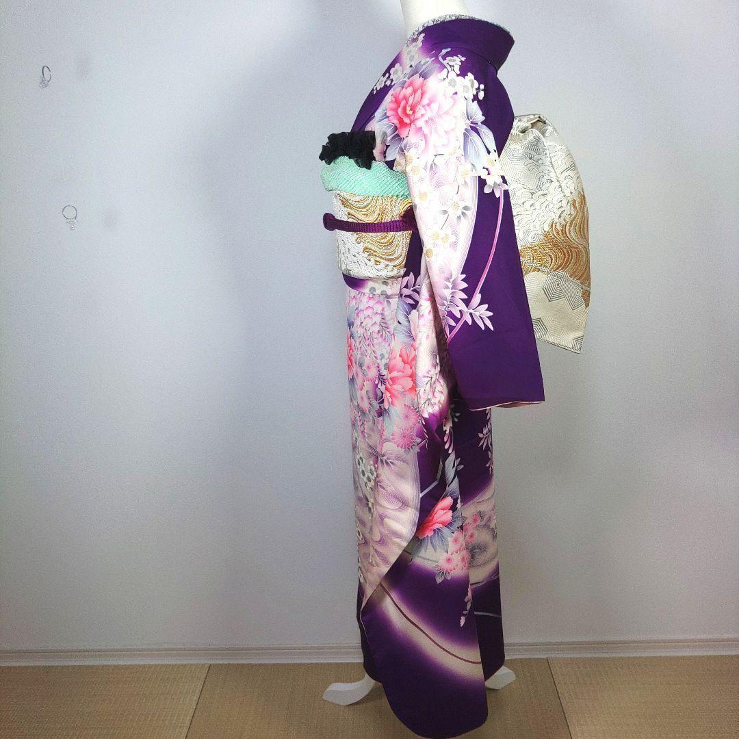 振袖　完全フルセット　24点　成人式　結婚式　前撮り　紫　金　緑　ラインストーン