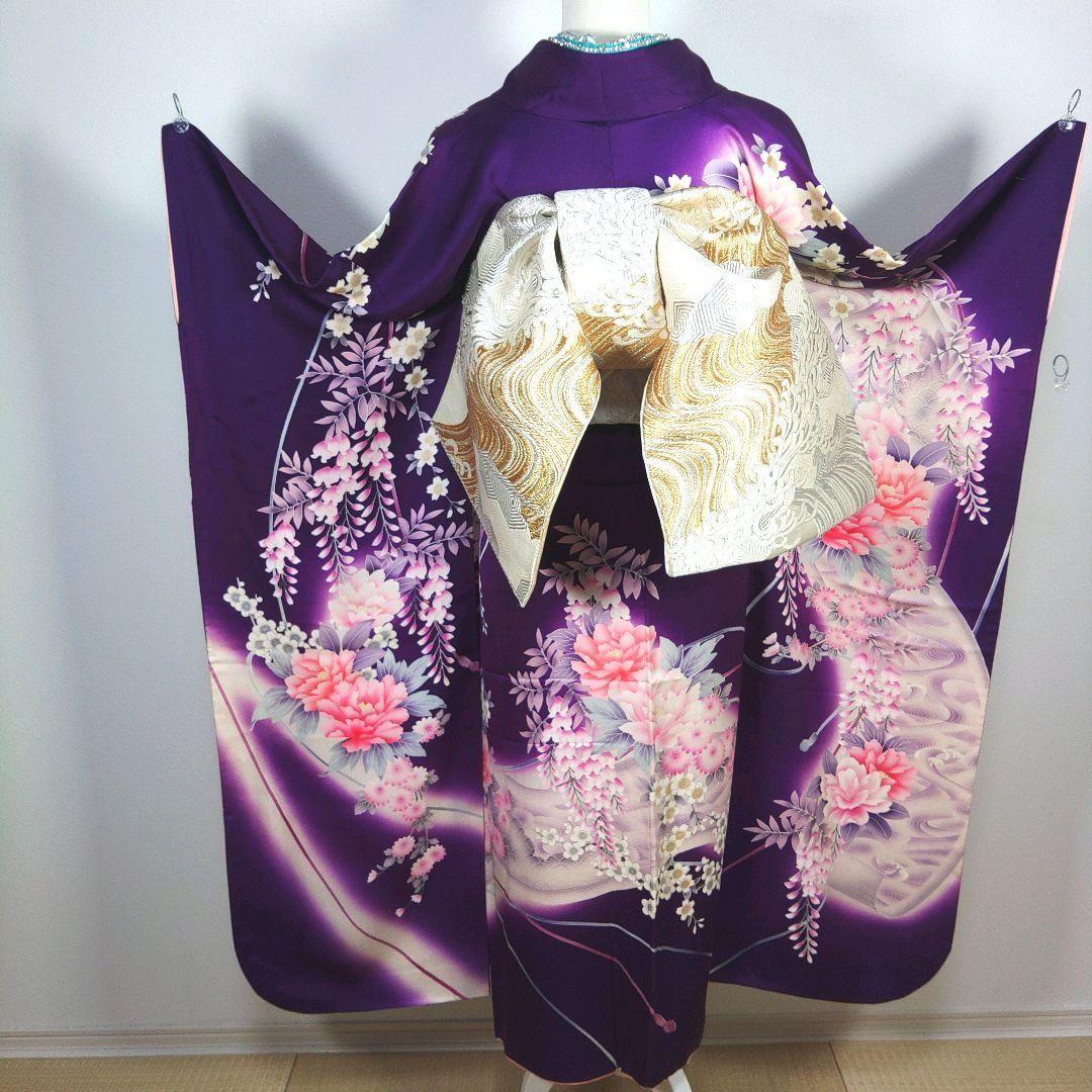 振袖　完全フルセット　24点　成人式　結婚式　前撮り　紫　金　緑　ラインストーン