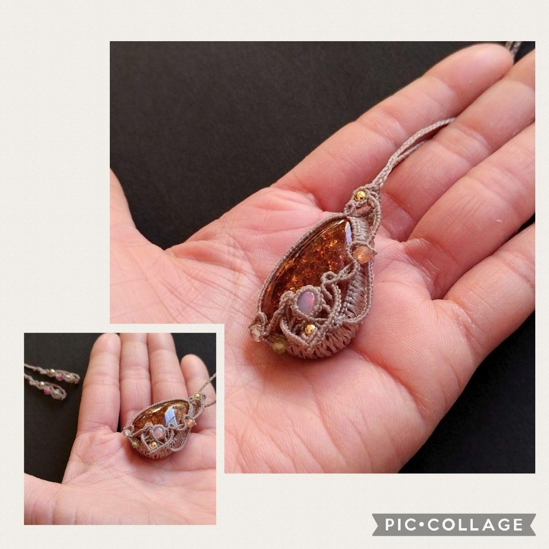 アンバー＆オパールのマクラメ編みネックレス　ペンダント　天然石