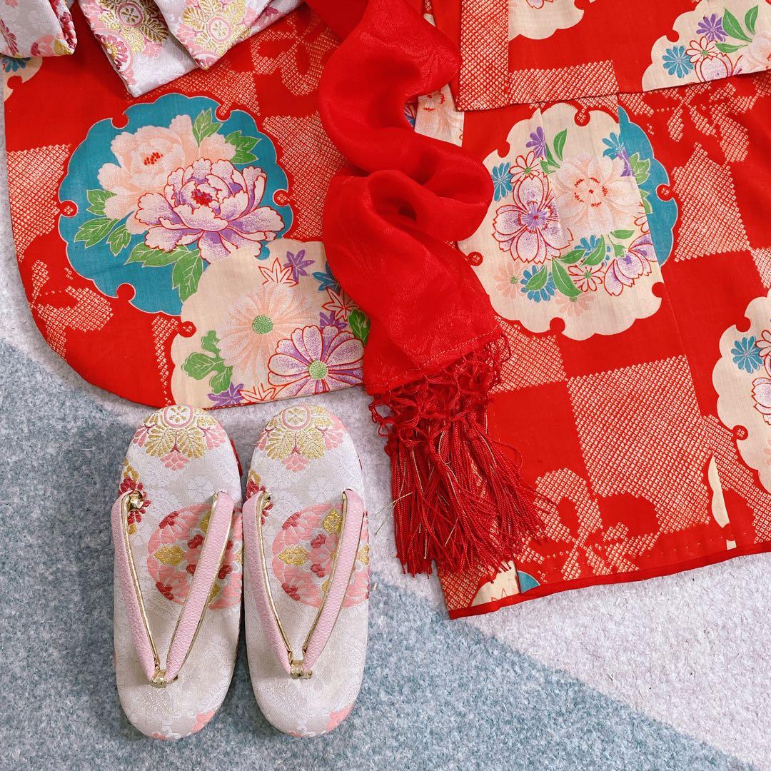 七五三 3歳 アンティーク 着物 作り帯 バッグ 草履 髪飾り セット