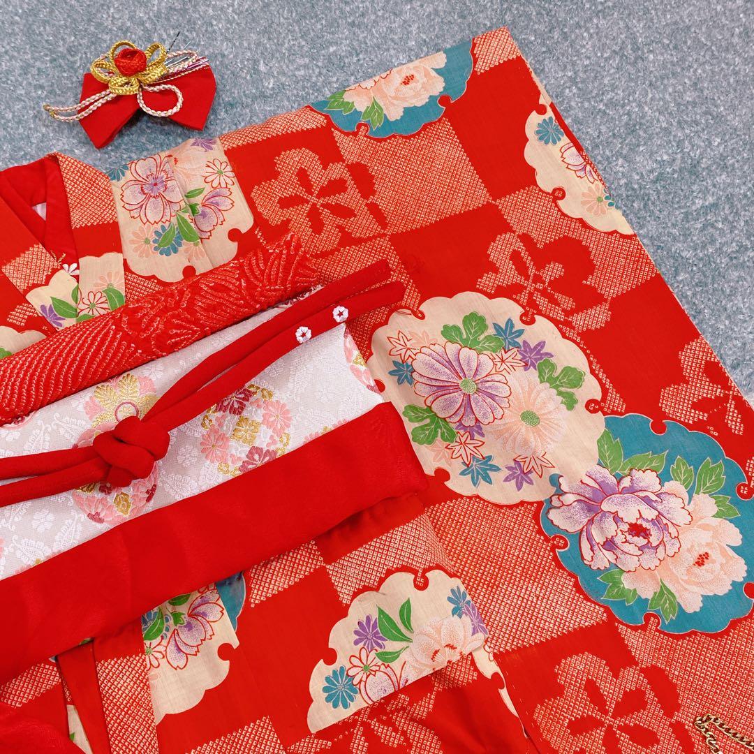 七五三 3歳 アンティーク 着物 作り帯 バッグ 草履 髪飾り セット