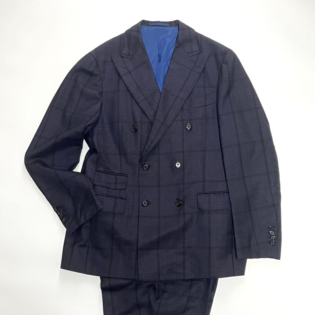 【美品】ブリッラペルイルグスト　ダブルスーツセットアップ　チェック　紺　52