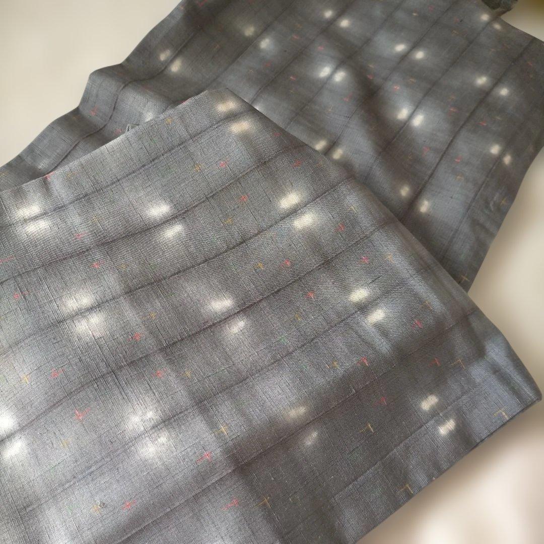 上品絞りグレー 紬着物 カラフル十字模様