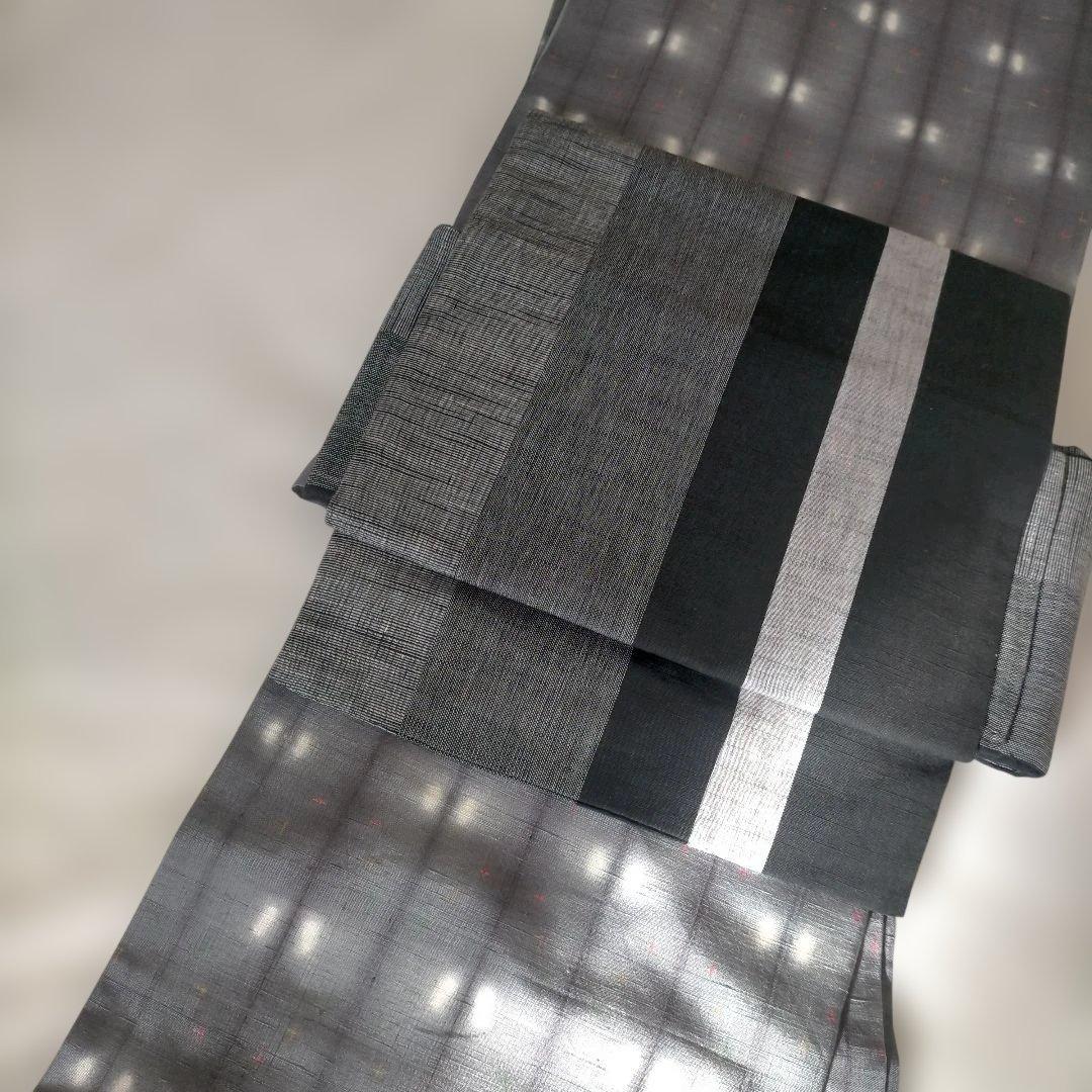 上品絞りグレー 紬着物 カラフル十字模様