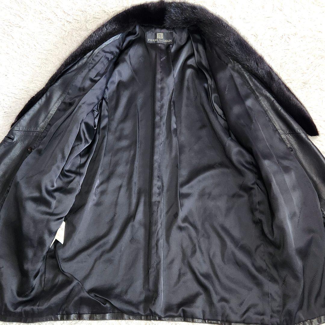 ✨美品✨ピエールバルマン❣️レザーコート　ファー付き　ダブル　ブラック　日本製