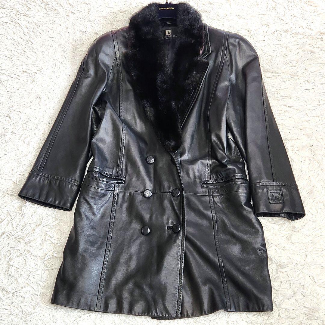 ✨美品✨ピエールバルマン❣️レザーコート　ファー付き　ダブル　ブラック　日本製