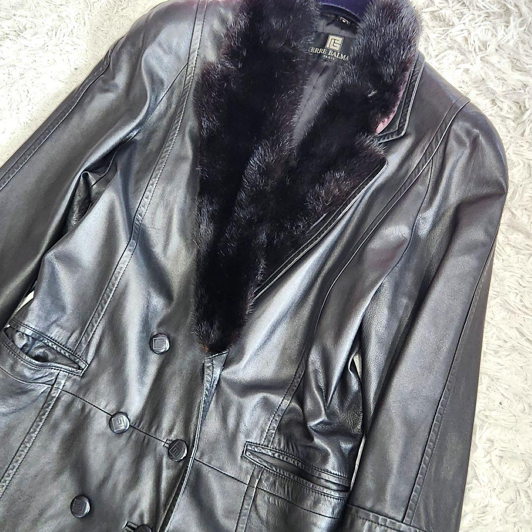 ✨美品✨ピエールバルマン❣️レザーコート　ファー付き　ダブル　ブラック　日本製