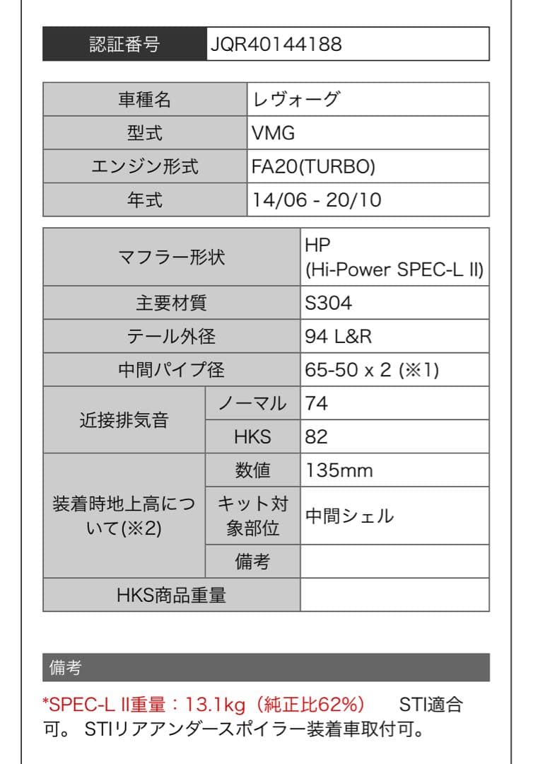 HKS Hi-Power SPEC-L II レヴォーグ VMG/VM4