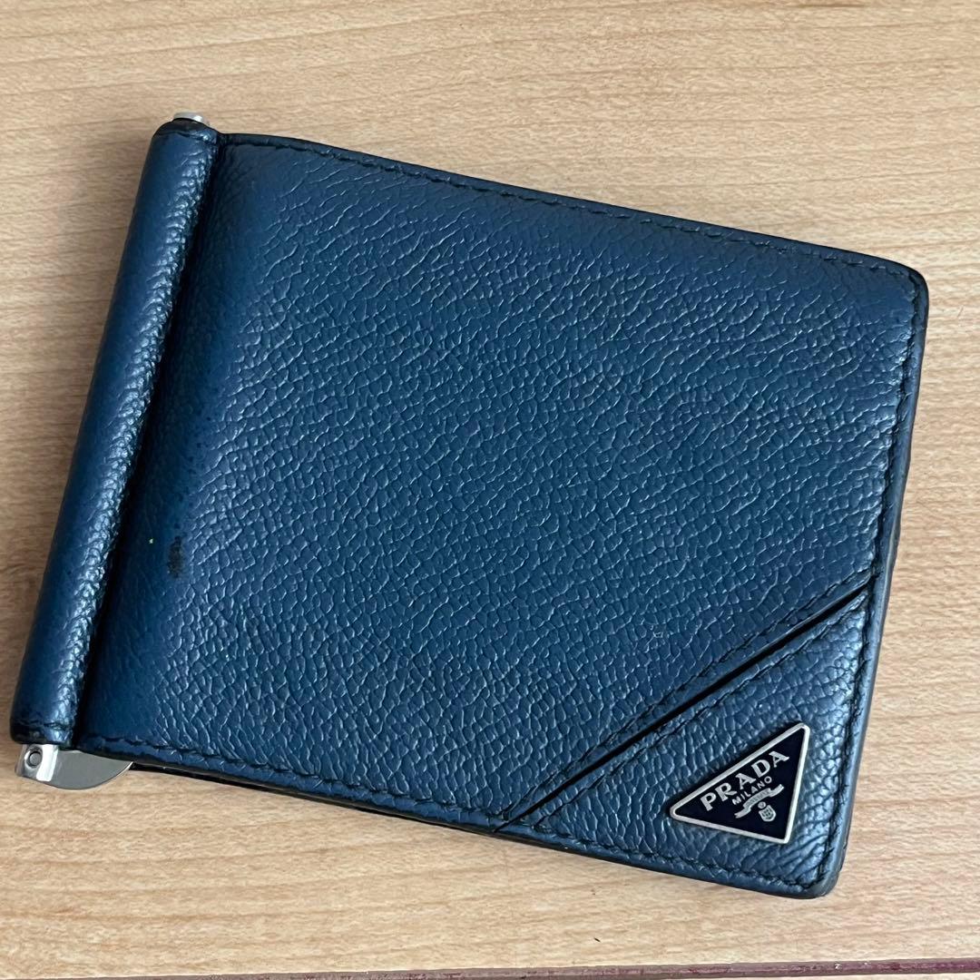 PRADA プラダ マネークリップ メンズ ブルー 青色 レザー ロゴ　ICタグ