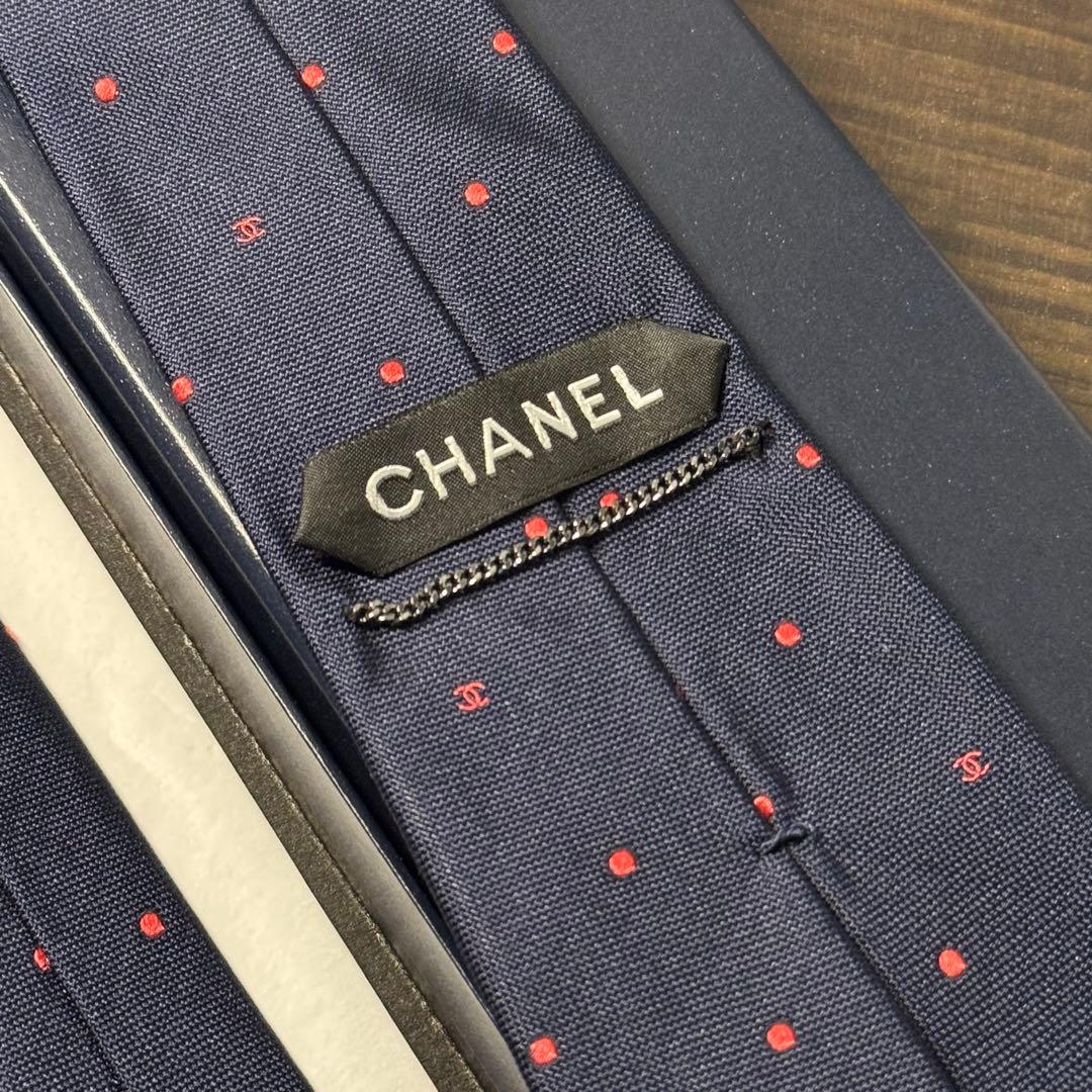 最高級 CHANEL シャネル ココマーク&ドット ネクタイ ネイビー×ピンク