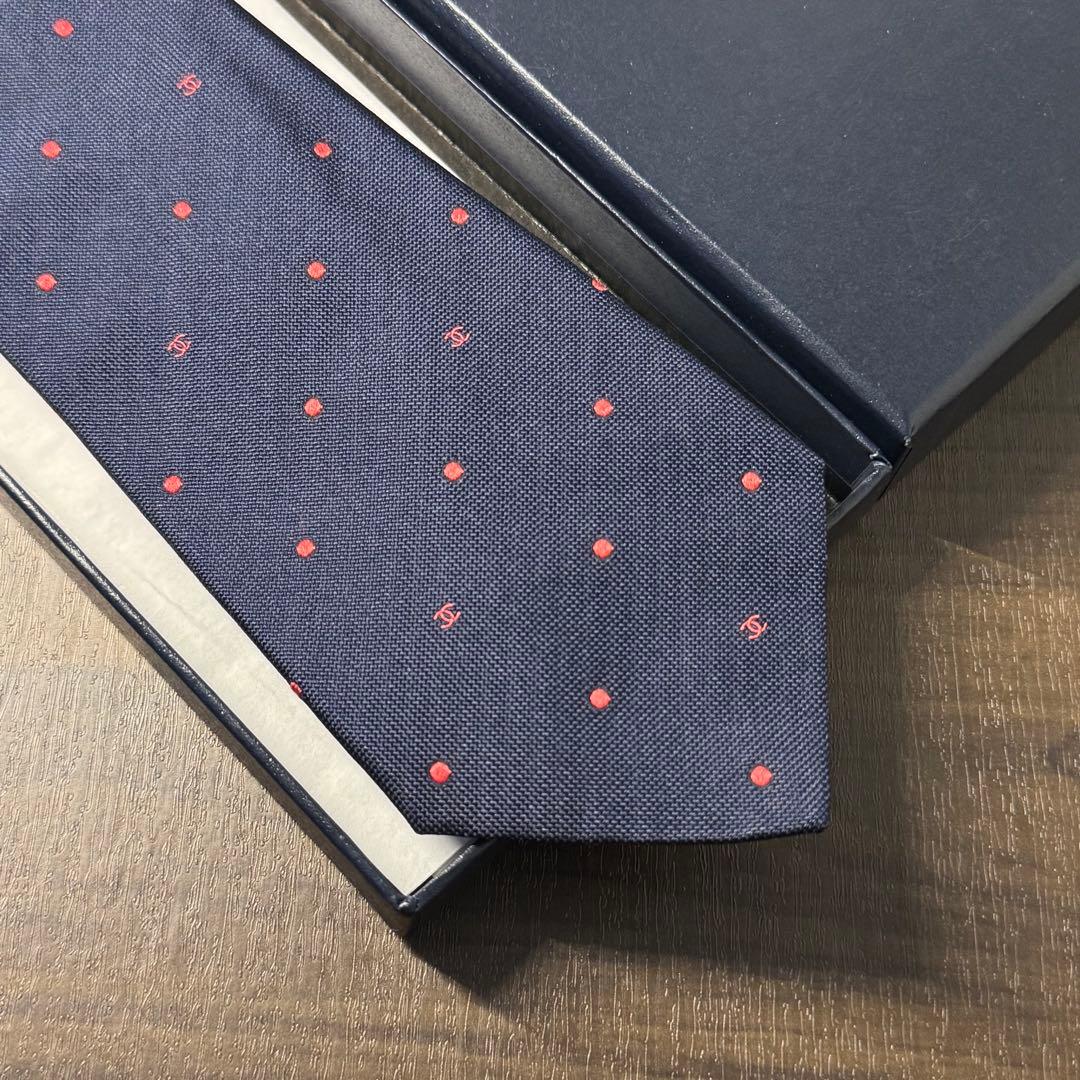 最高級 CHANEL シャネル ココマーク&ドット ネクタイ ネイビー×ピンク