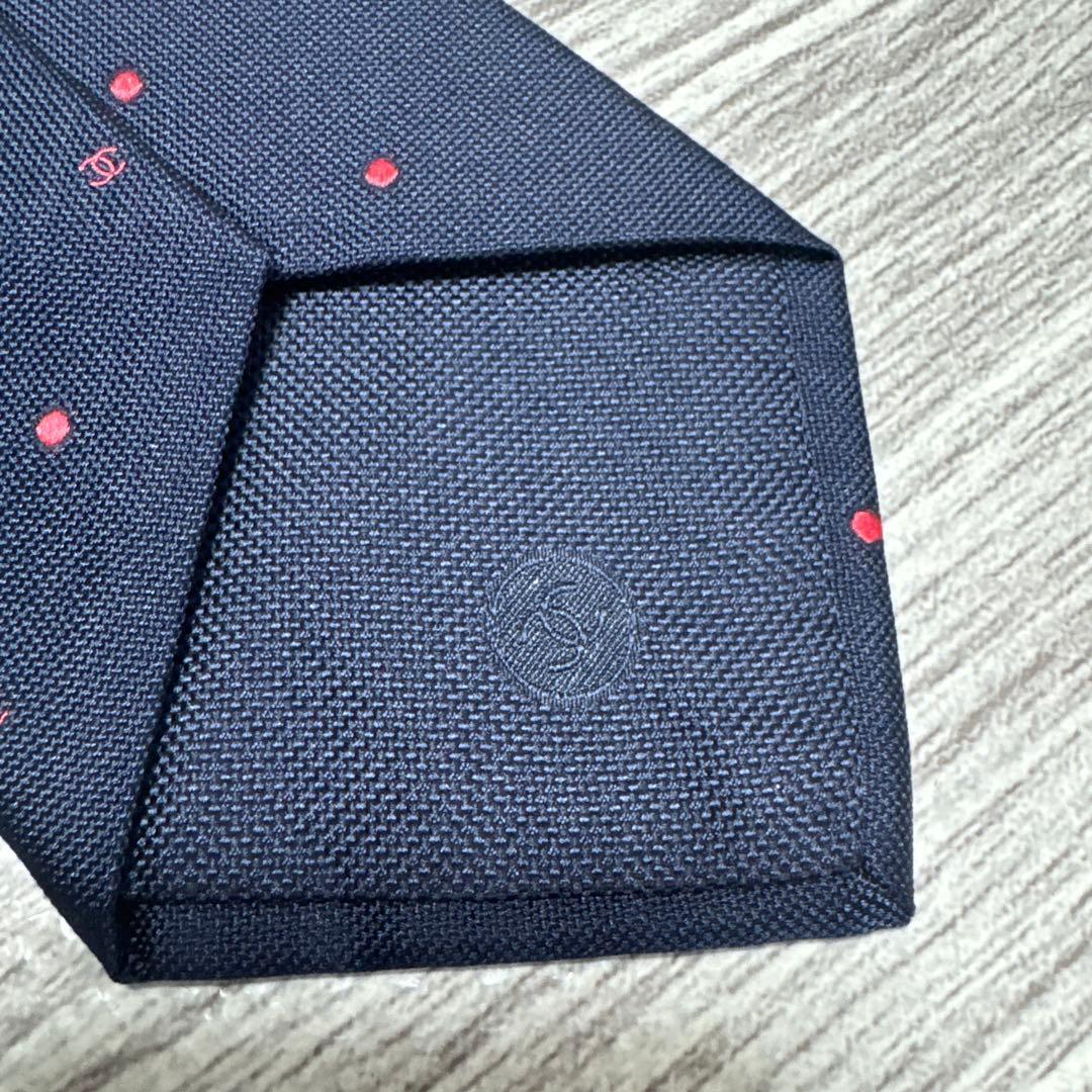 最高級 CHANEL シャネル ココマーク&ドット ネクタイ ネイビー×ピンク